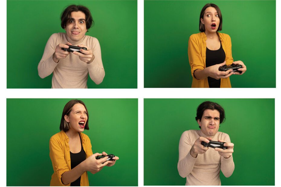 4 Vignettes hommes et femmes avec émotions différentes jouant au jeu vidéo