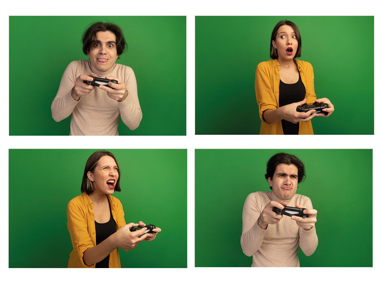 4 Vignettes hommes et femmes avec émotions différentes jouant au jeu vidéo