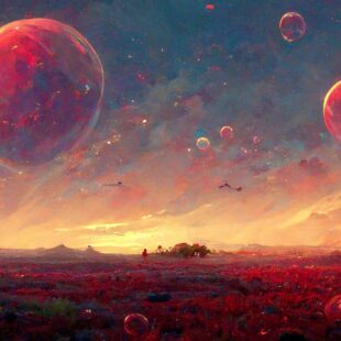 Paysage de monde fantastique avec bulles rouges