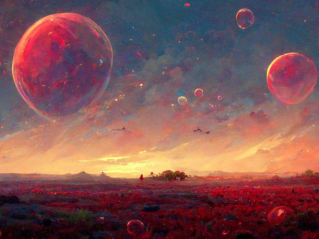 Paysage de monde fantastique avec bulles rouges