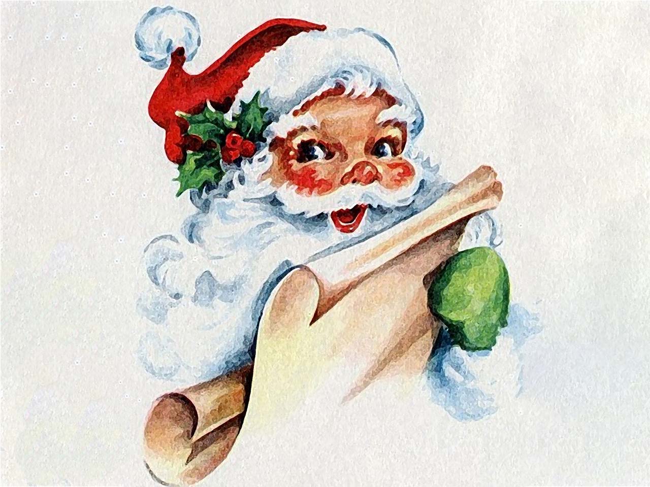 Dessin en couleurs de format paysage illustrant un portrait de face du Père Noël. Le Père Noël tient une liste en papier. L'illustration est lumimeuse et gaie.