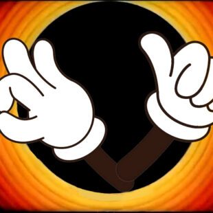 Gants blancs sortant d'un cercle noir et orange