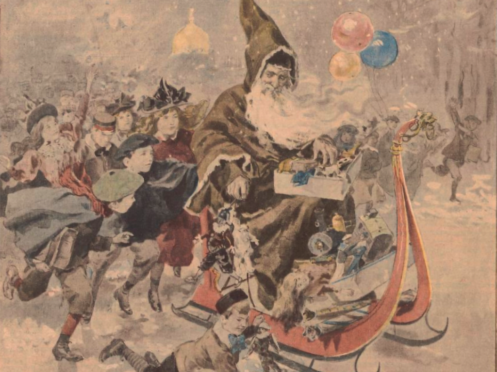 image ancienne représentant le Père Noel, sur son traineau dans la neige, entouré d'enfants