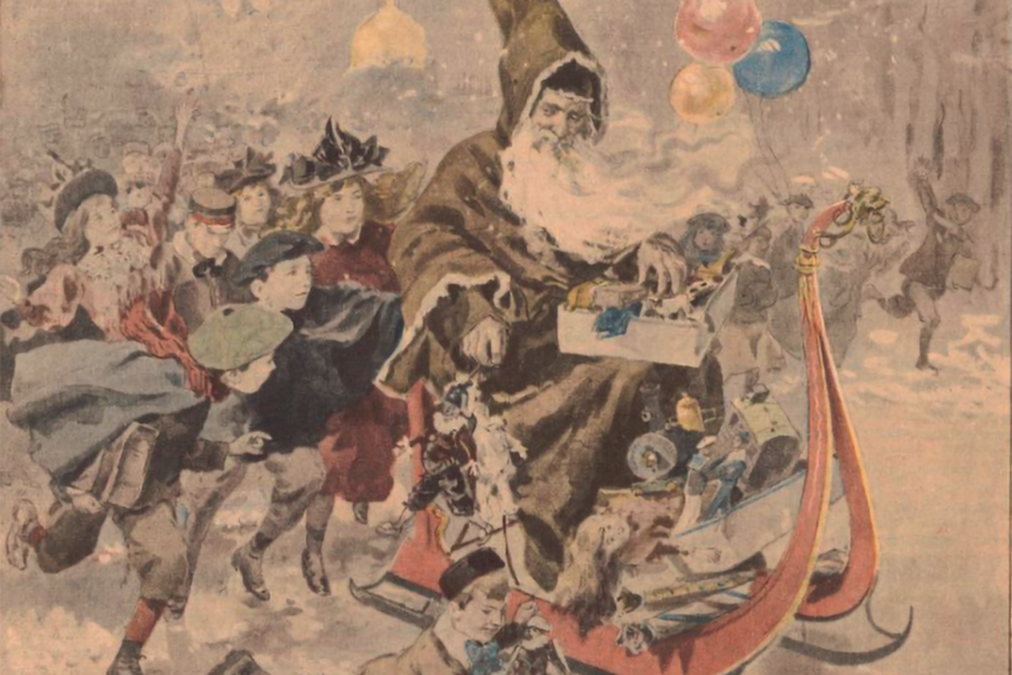 image ancienne représentant le Père Noel, sur son traineau dans la neige, entouré d'enfants