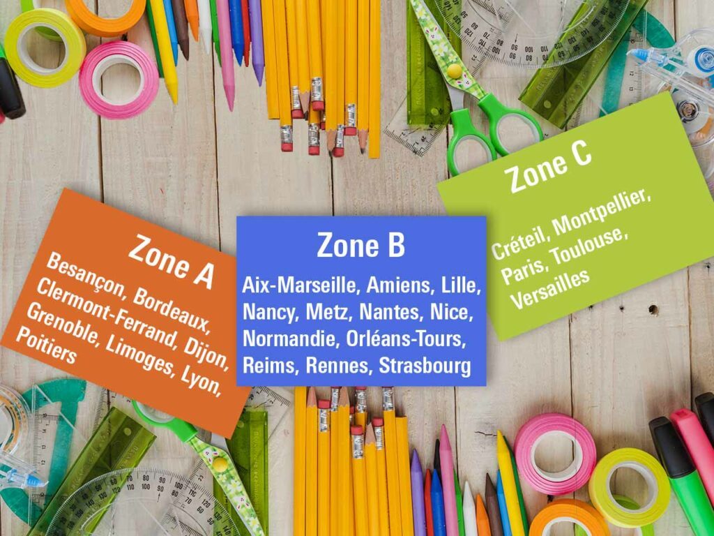 Zones A, B, C des vacances scolaires sur fond en bois entouré de founitures