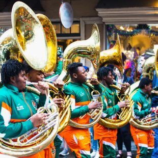 Cinq personnes jouant du soubassophone au carnaval de la Nouvelle-orléans