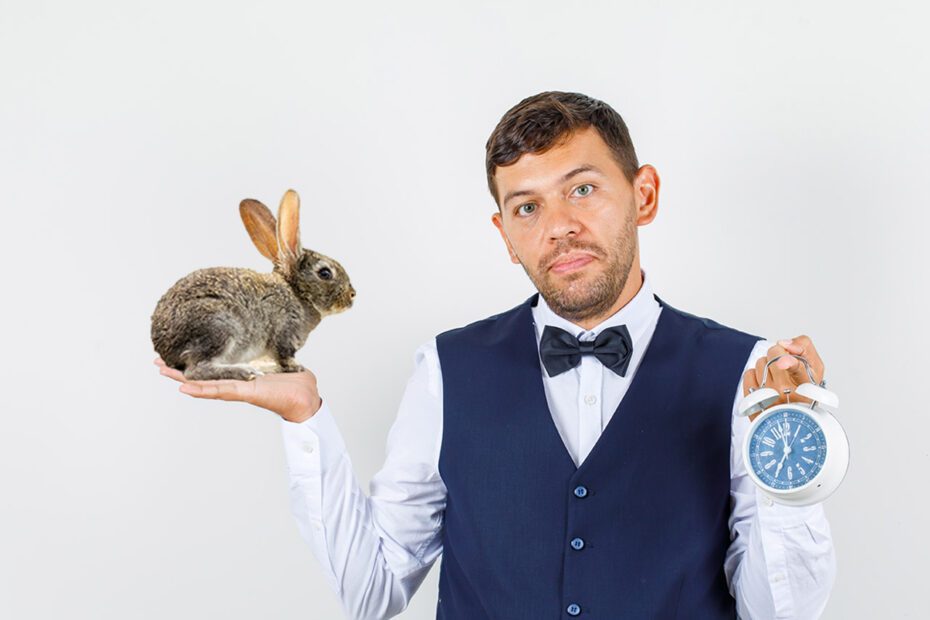 homme avec réveil et lapin