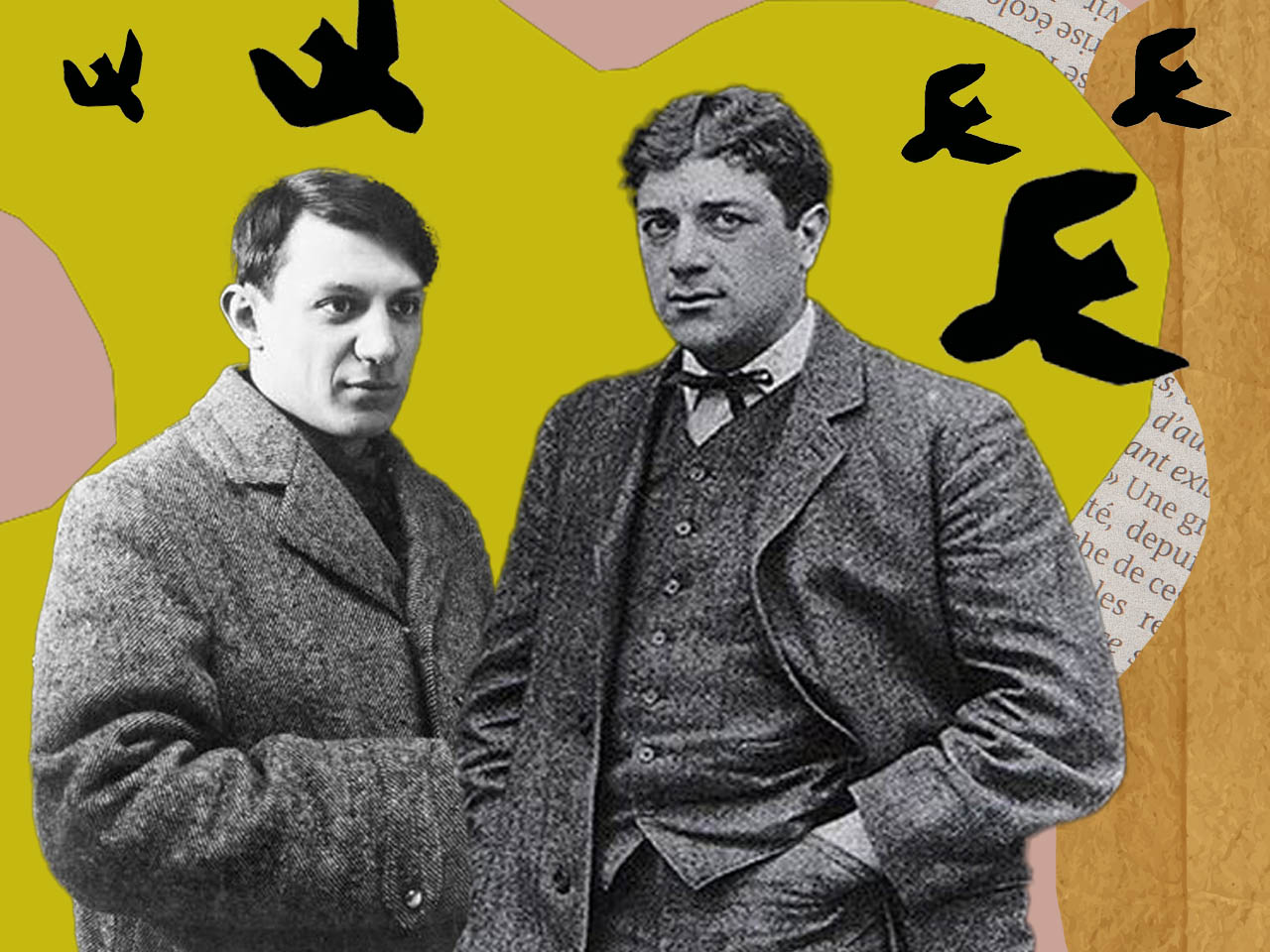 Picasso et Braque sur fond coloré de collages et oiseaux