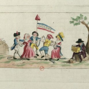 Estampe "Vive la liberté !" de 1789, collections de Gallica, BnF, représentant un groupe de personnes dansant avec deux gardes