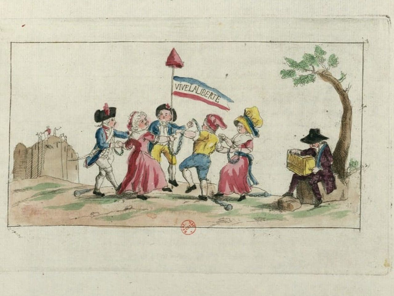Estampe "Vive la liberté !" de 1789, collections de Gallica, BnF, représentant un groupe de personnes dansant avec deux gardes