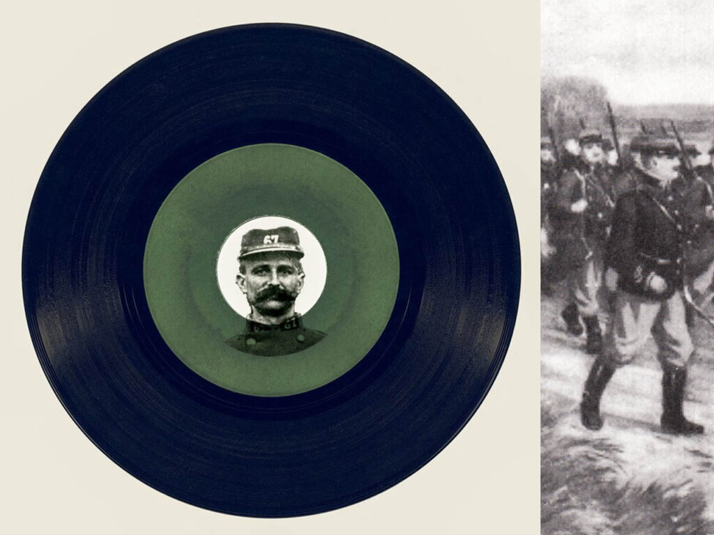 Disque vinyl, photographie de Emile Henri Pied et dessinbataillon de la première guerre mondiale