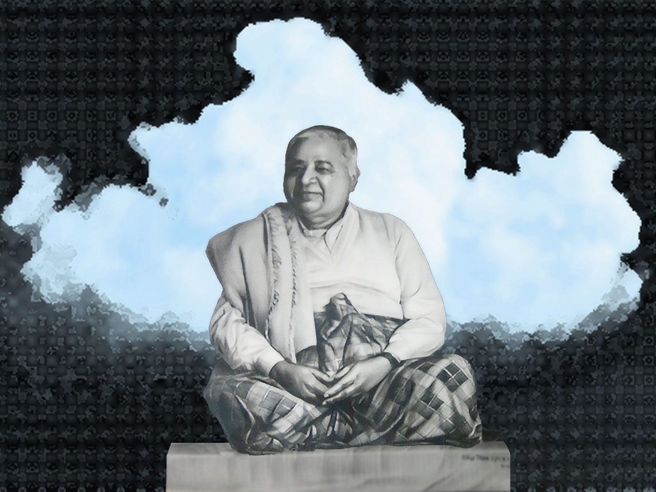 S.N. Goenka assis en tailleur sur fond de nuages avec effet graphique