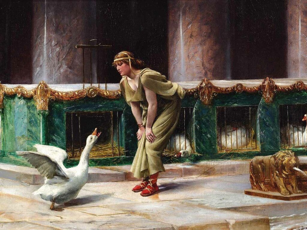 Femme se penchant sur une oie sacrée du Capitole
