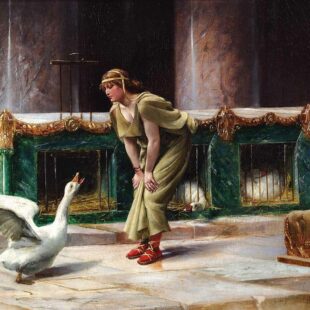 Femme se penchant sur une oie sacrée du Capitole