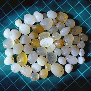 Sarira de Aomori, Japon. Petites pierres blanches et dorées sur fond bleu.
