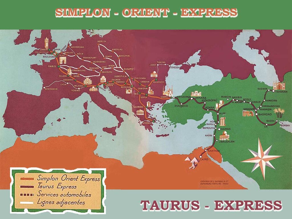 Extrait de la brochure Simplon-Orient-Taurus-express. Carte colorée des trajets