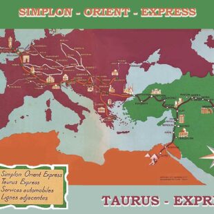 Extrait de la brochure Simplon-Orient-Taurus-express. Carte colorée des trajets