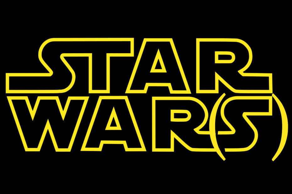 Logo Star Wars jaune sur fond noir avec "S" de war entre parenthèses.