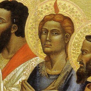 Retable de Pentecôte d'Andrea di Cione Orcagna, 3 personnages sur fond doré.