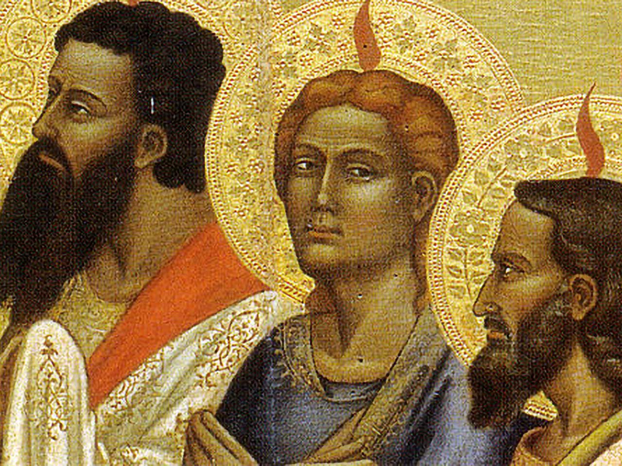 Retable de Pentecôte d'Andrea di Cione Orcagna, 3 personnages sur fond doré.