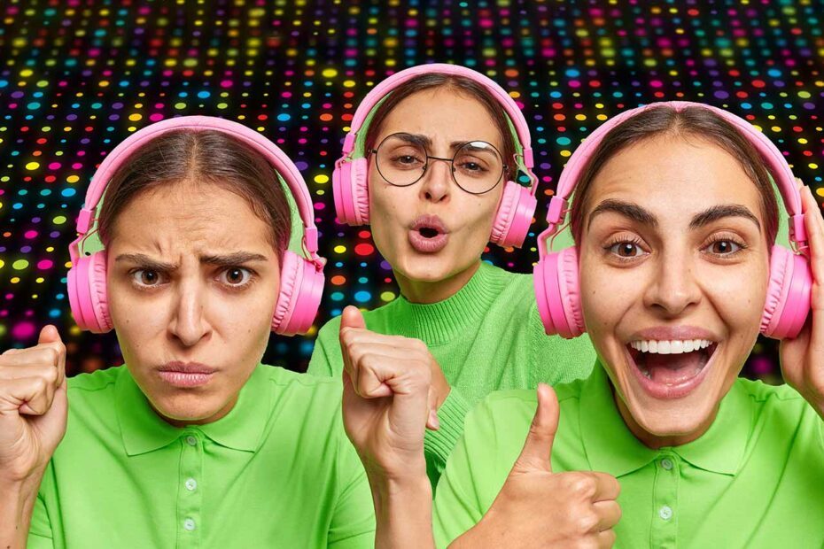 Femme écoutant de la musique au casque montrant trois émotions différentes