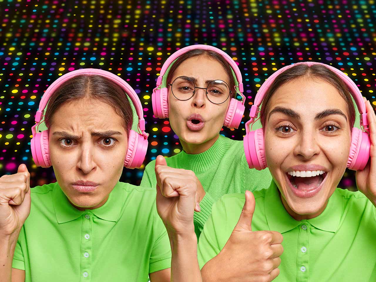 Femme écoutant de la musique au casque montrant trois émotions différentes
