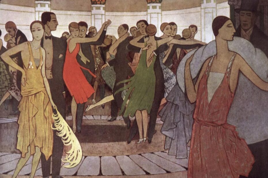 Dessin en couleurs de Manuel Orazi représentant une scène de bal dans un dancing de Montmartre au temps des années folles