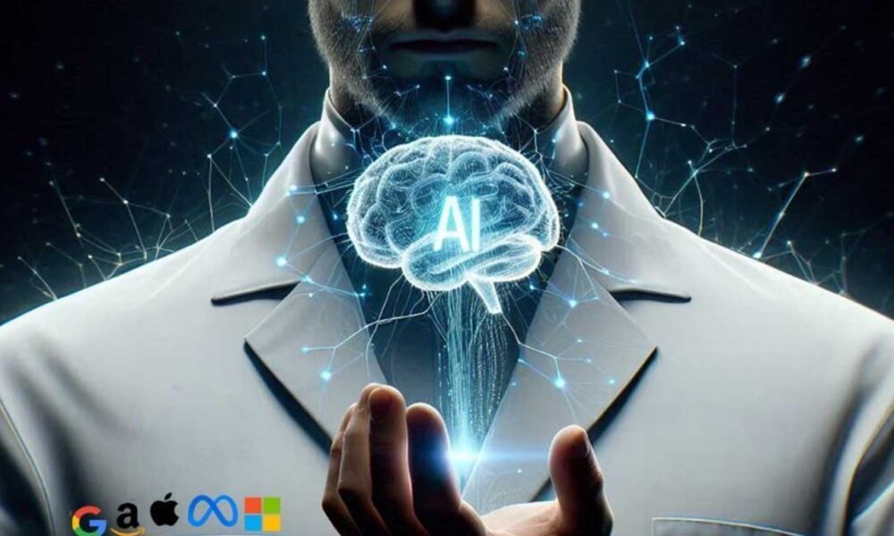 Visuel des logos des GAFAM : Google (Alphabet), Apple, Facebook (Meta), Amazon et Microsoft, AI intelligence artificielle.