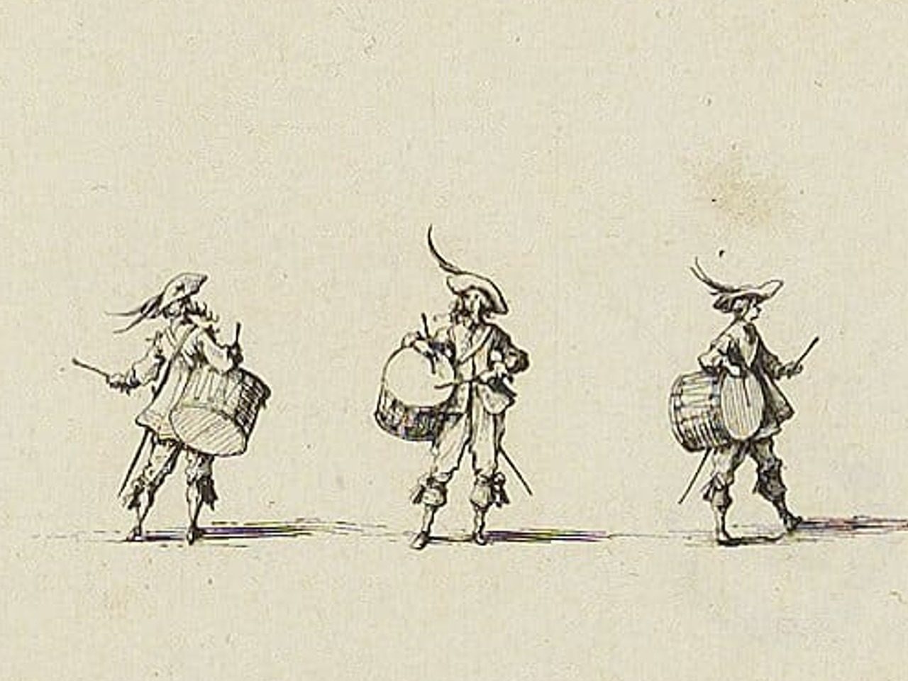 Gravure de 1635 sur l'exercice du tambour, représentant 3 personnages de musiciens jouant du tambour à caisse claire