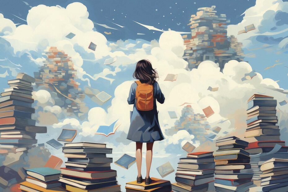 Fille de dos avec sac à dos devant une montagne de livres qui volent.