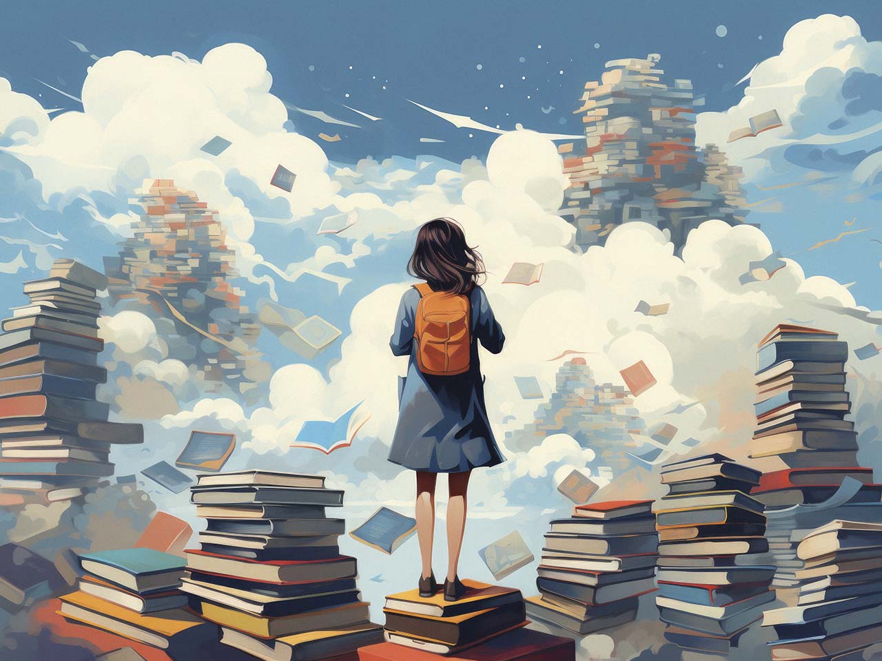 Fille de dos avec sac à dos devant une montagne de livres qui volent.