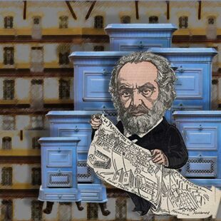 Montage d'un dessin de Jean-Baptiste André Godin devant des poêles sur fond du familisère de Guise