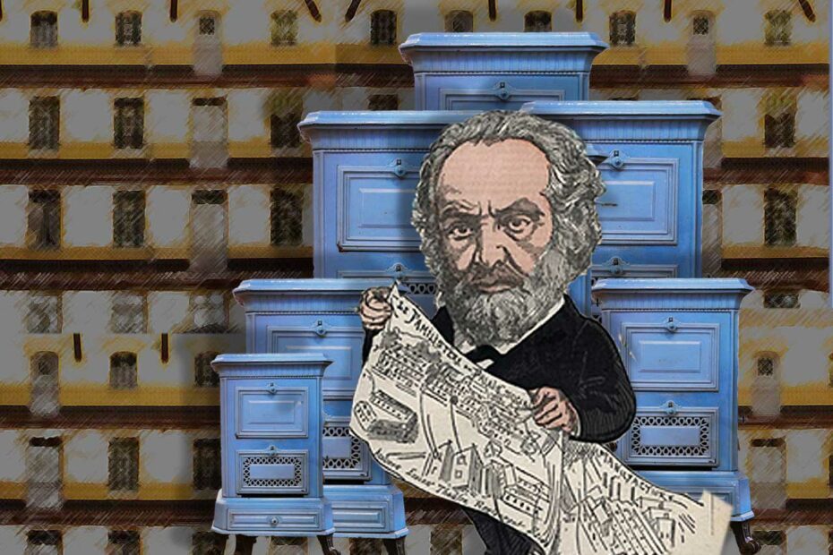 Montage d'un dessin de Jean-Baptiste André Godin devant des poêles sur fond du familisère de Guise