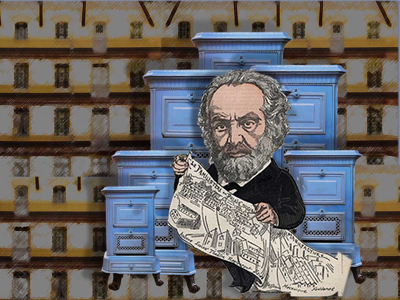 Montage d'un dessin de Jean-Baptiste André Godin devant des poêles sur fond du familisère de Guise