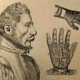 Portrait dessiné de profil d'Amboise Paré et de mains artificielles