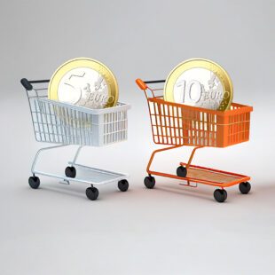 Pièces de 5 euros et 10 euros dans des caddies de courses