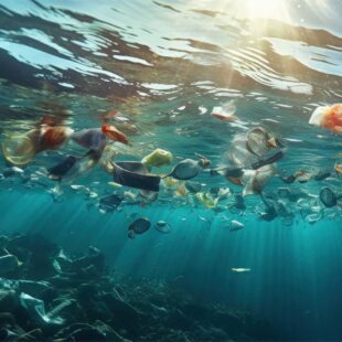 Vue sous marine de l'océan pollué de matières et objets plastiques