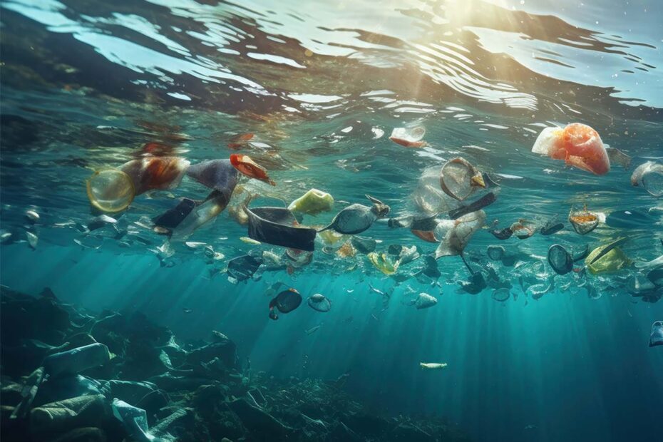 Vue sous marine de l'océan pollué de matières et objets plastiques