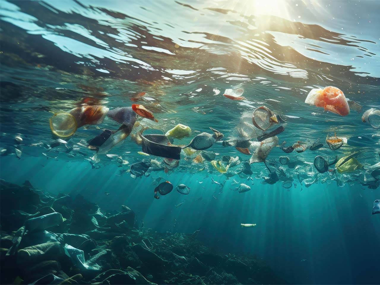 Vue sous marine de l'océan pollué de matières et objets plastiques