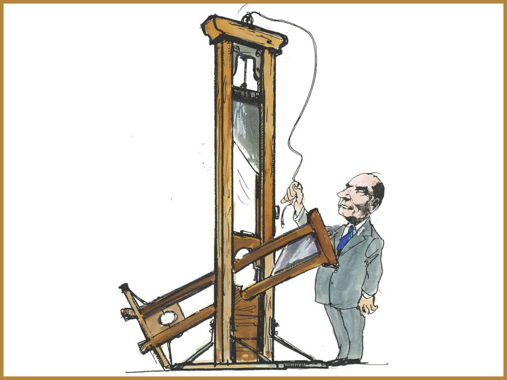 Dessin en couleurs sur fond blanc montrant François Mitterrand en train de guillotiner la guillotine.