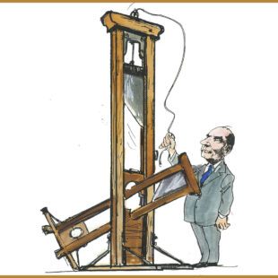 Dessin en couleurs sur fond blanc montrant François Mitterrand en train de guillotiner la guillotine.