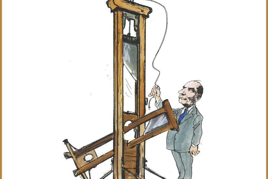 Dessin en couleurs sur fond blanc montrant François Mitterrand en train de guillotiner la guillotine.