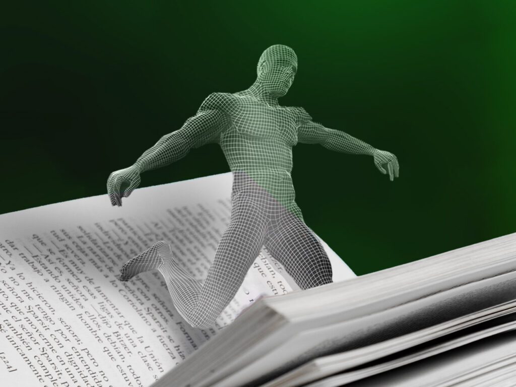 Personnage filaire sortant d'un livre