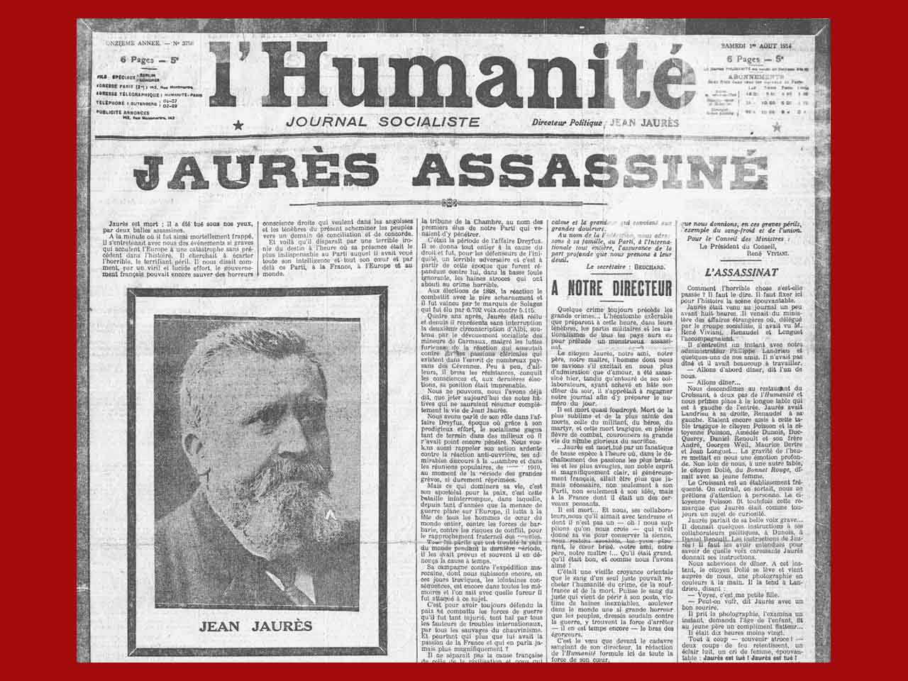 Zoom sur le titre du journal de l'Humanité "Jaurès assassiné".