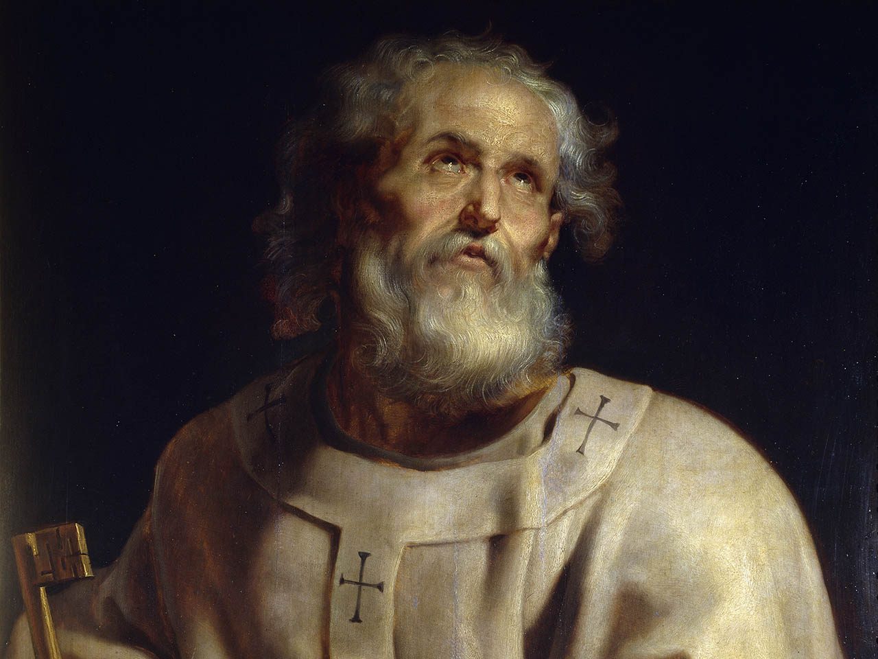Tableau peint par Rubens représentant le pape Saint Peter (1610–1612) peint par Paul Rubens. Le pape a les yeux levés vers le ciel.