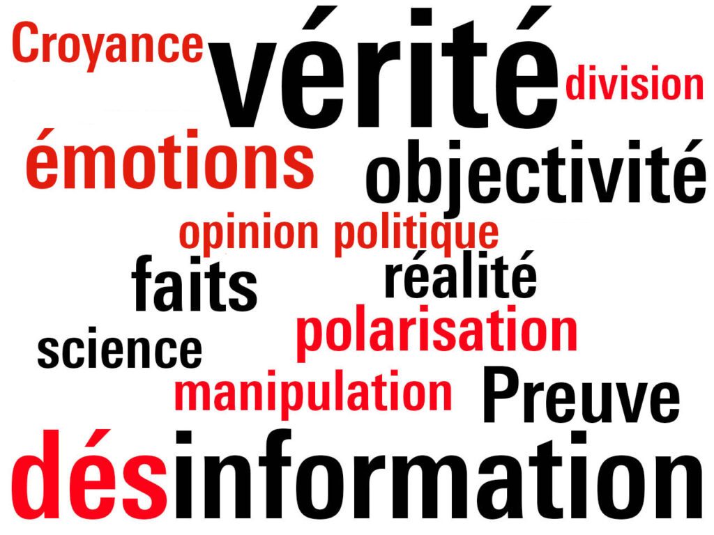 Ensemble de mots de couleur rouge et noire et de taille différente en lien avec le concept de Post-vérité.