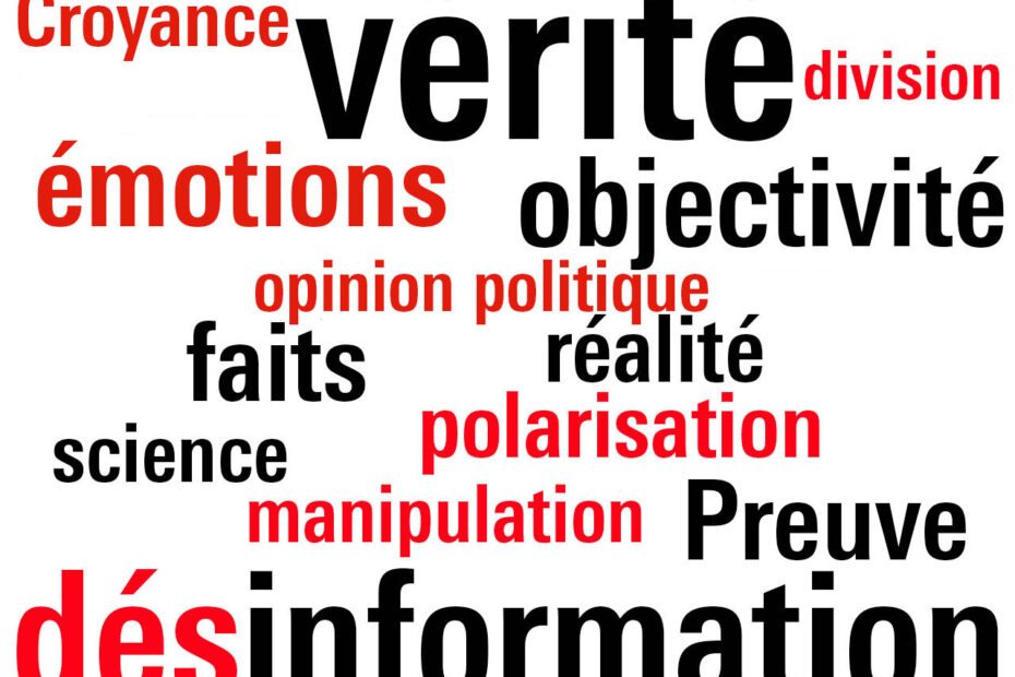 Ensemble de mots de couleur rouge et noire et de taille différente en lien avec le concept de Post-vérité.
