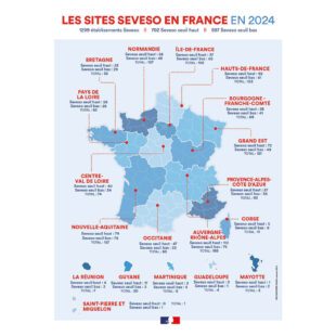 Visuel bleu et rouge représentant une Carte des sites SEVESO, en France en 2024