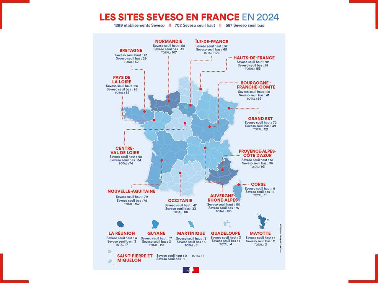 Visuel bleu et rouge représentant une Carte des sites SEVESO, en France en 2024