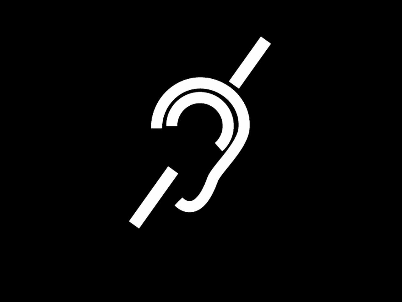 Pictogramme malentendant représenté par une oreille blanche sur fond noir